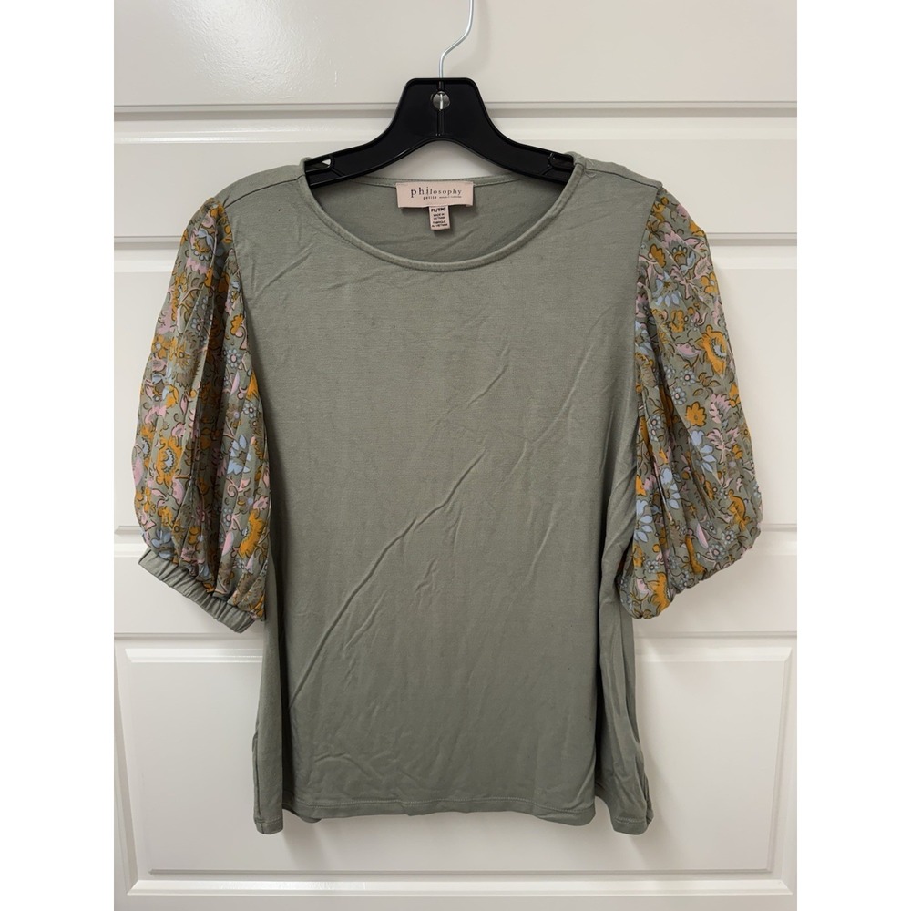 Philosophy Petite Large Top Blouse Puff Sleeves Olive Green Floral PL